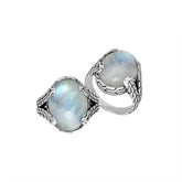 Sterling Silver oval Rainbow Moonstone cabochon ring with Balinese engraved silver band, handcrafted in Bali